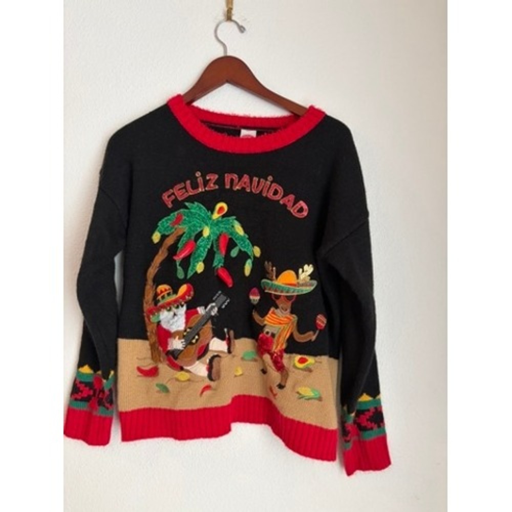 Holiday Time Feliz Navidad Ugly Christmas Sweater Black Red Medium